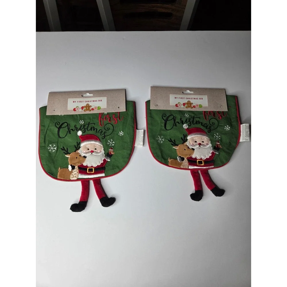 Set of 2 My First Christmas Bibs Santa Reindeer 3D Plush Legs Green Red New